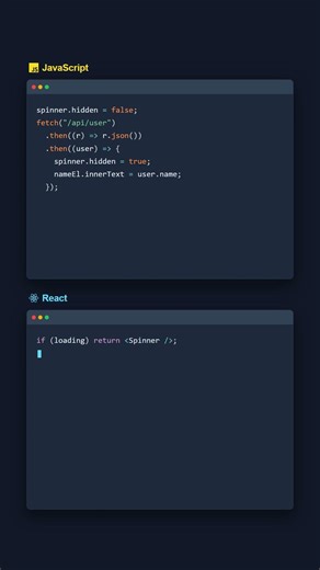 Loading State: JavaScript vs React React simplifies loading flows by expressing loading, error, and