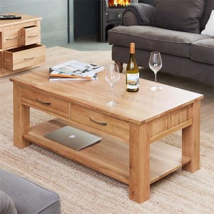 [Hot Item] Classic Natural Solid Oak Coffee Table with Drawers and Shelf