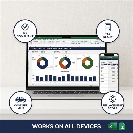 Vehicle Expense Tracker Excel and Google Sheets | Mileage Log | Cost Per Mile Calculator | Tax Deduction Tool