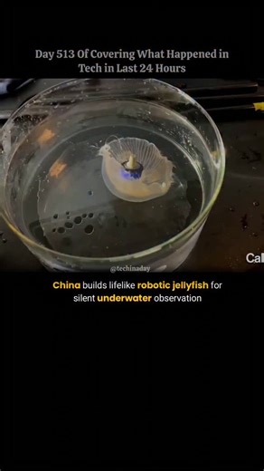 Tech in A Day on Instagram: "Chinese scientists have developed a lifelike robotic jellyfish with a transparent body and tentacles, nicknamed the "underwater ghost." The robot uses electro-hydraulic muscle actuators and hydrogel electrode materials to mimic jellyfish propulsion, consuming low power. Equipped with a camera and AI chip, it can identify underwater objects and potentially be used for surveillance and exploration. The robot is designed for long-range monitoring due to its low power co