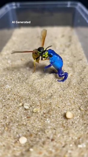 Frog 🐸 vs Wasp 🐝 faces off as a quick frog jumps into danger while a bold wasp hovers, instincts colliding in a tense, split-second moment. ⚠️ AI generated for educational and creative purposes. No real animals or insects were harmed. #WildlifeReels #NatureMoments #ViralNature #PredatorVsPrey | Insect Battlefront