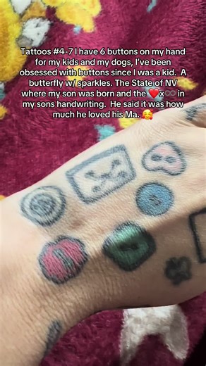 Tattoos 4-7 on the Tattoo Tour. Left hand, buttons, NV, butterfly w/ sparkles and ❤️x♾️ #foryoupage #tattootour #tattoo #buttons #NV