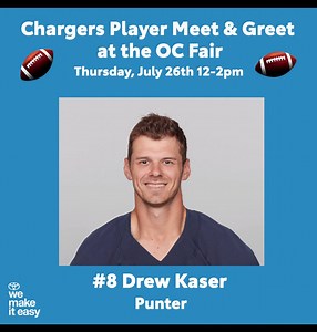 8.5K views · 18 reactions | Want to meet Chargers punter Drew Kaser? We make it easy! Head to the #toyotasocal lounge at OC Fair this Thursday, July 26th 12-2pm for our pop-up tailgate party. Drew will be signing autographs, taking pictures and hanging out with fans! Be sure to follow along for a chance to win an autographed football. See you there, BREAK!  | Toyota SoCal | Facebook