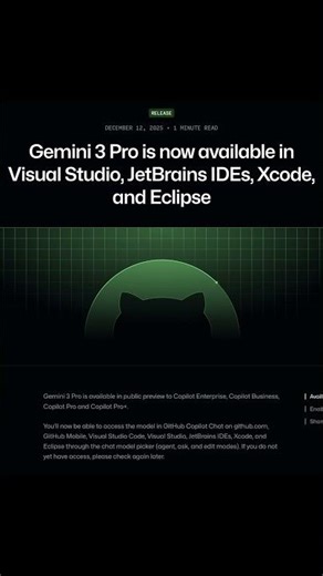Gemini 3 Pro available in Visual Studio, JetBrains IDEs, Xcode, and Eclipse #chatgpt #coding #ai
