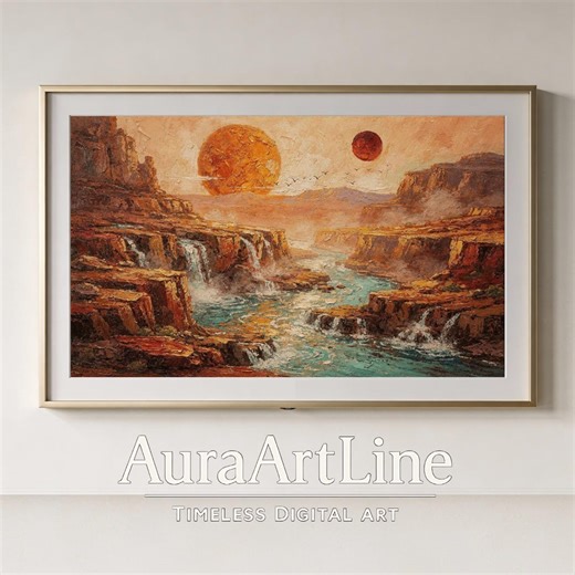 Alien Canyon Sunset Frame TV Art Wall Art, Surreal Desert Landscape Painting, Twin Suns Waterfall Scene, Cinematic Luxury Sci Fi Wall Decor - Etsy UK