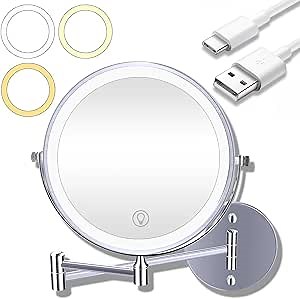 9inch Wall Mounted Makeup Mirror with Lights, 1x/20x 5000mAh Rechargeable Lighted Makeup Mirror with Lights and Magnification, 360° Rotate Magnifying Mirror with Light 3 Color, Dimmable, 80 LEDs