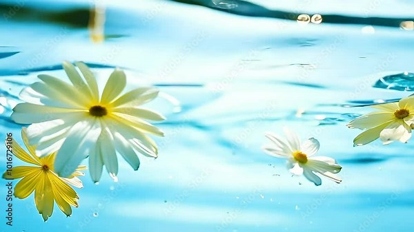 beauty chamomile flowers gracefully floating onclear water surface surrounded glistening droplets slowmotion footage captures pure water's reflections sunlight dances providing