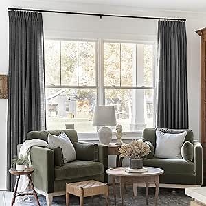 TWOPAGES 52 W x 84 L inch Pinch Pleated Light Filtering Curtain Linen Textured Unlined Drapes for Living Room Bedroom Indoor Window and Door,(1 Panel),Carbon Grey