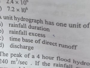 A unit hydrograph has one unit of:a) rainfall duration  b) r... | Filo
