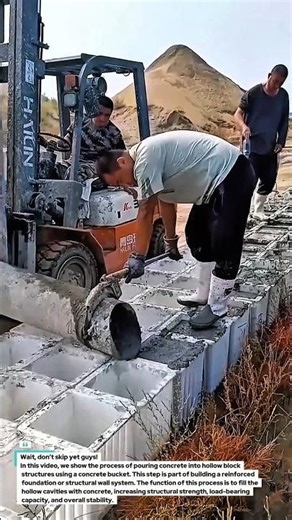 Concrete Pouring into Hollow Blocks | Structural Foundation Process.