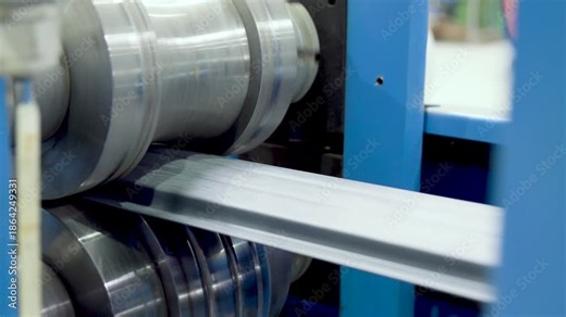 A rolling machine in the factory produces and presses metal sheets with high precision for roofing sheet manufacturing. roofing production processes. Roof sheet factory. Steel roofing forming machine.