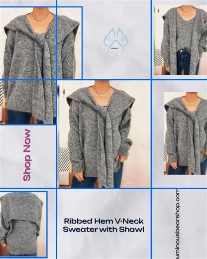 Ribbed Hem V-Neck Sweater with Shawl