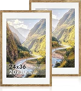 iRahmen 24x36 Poster Frame Set of 2 with Plexiglass, Wooden Rustic Brown Frames Display 20x30 Picture with Mat or 24 x 36 Without Mat, Wall Gallery Mounting Horizontal and Vertical
