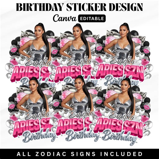 Pink Birthday Sticker Template, All Zodiac Signs, Styrofoam Cup Design, Shot Glass Birthday Sticker, Birthday Party Sticker Template