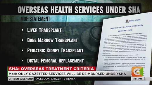 SHA: Overseas treatment criteria Govt unveils new criteria for specialized treatment abroad MOH: Only gazetted services will be reimbursed under SHA Maximum limit payable for treatment capped at Ksh. 500,000 #CitizenWeekend | Citizen TV Kenya