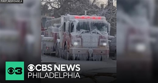 Fire truck coated in ice as crews battle large fire in West Philadelphia