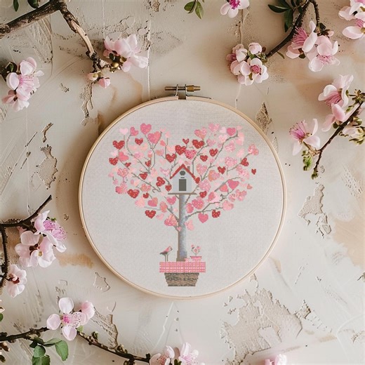 Tree Cross Stitch Pattern Instant PDF Download - Heart Tree Watercolor Cross Stitch Hand Embroidery Tree of Love Valentine's Day - Etsy