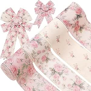 Generic 4 Rolls Pink Floral Wired Ribbon 2.5 Inch Vintage Rose Flower Ribbon for Bow Wreath Craft Gift Wrap Spring Summer Holiday Wedding Birthday Baby Shower Party Home Decor