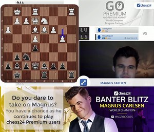 3.3K views · 72 reactions | World Chess Champion Magnus Carlsen shows brutal accuracy and understanding as he takes on Norwegian IM Tomas Krnan in a Banter Blitz session on chess24! Replay the game with computer analysis: https://chess24.com/en/watch/live-tournaments/magnus-carlsen-banter-blitz/2/1/11 | chess24 | Facebook