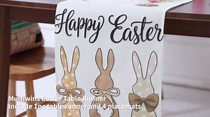 Easter Table Runner Set with 4 Table Mats & 4 Gift Bags, Carrots Bunny Happy Easter Spring Table Decor, 13x72 Inch Runner & 12"x18" Mats for Dining Kitchen Home Party Indoor Outdoor Decor