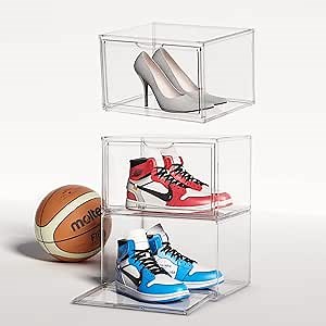 Shoe Rack Storage Closet Organizers And Storage Clear Stackable Acrylic, Sneaker Containers Bins Holders Shoe Organizer Cabinet With Lids, Sneaker Hangbag Display Case,Set of 3, Fit For Size 14