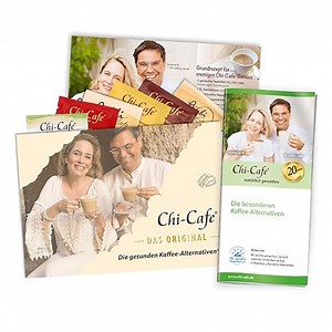 Chi-Cafe Probierpaket I 5 Musterbeutel für je 2 Tassen Kaffee I Chi-Cafe-Flyer I Produktvariationen: Chi-Cafe balance + classic + bio + proactive + free, ReiChi Cafe I Vegan