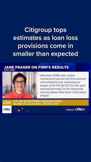 Citigroup on Wednesday posted fourth quarter results that topped expectations as the lender set aside less money for troubled loans than analysts had expected. Under CEO Jane Fraser, Citigroup is in the midst of a restructuring, selling off parts of its overseas operations, while also benefiting from U.S. banking deregulation. Full details: cnb.cx/4qWjju7 | CNBC