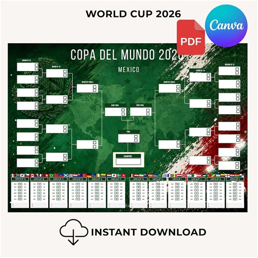 WK 2026 poster, printbaar als PDF, Canva bracket track, Mexico editie, voetbalwandkaart A3, 104 wedstrijden, schema tracker, sport, voetbal - Etsy Nederland
