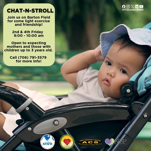 Join Fort Gordon Army Community Service on the 14th at 9 am for a stroll around Barton Field. Step outside, connect, and build meaningful relationships. This friendly gathering is designed for parents and caregivers navigating the unique journey of military life. Bring your little ones and enjoy a relaxing walk around Barton Field while sharing stories, offering support, and forming lasting friendships. 📞 For more information, call 1 (706) 791-3579. #GordonMWR #GordonACS #ChatnStroll #FortGordo