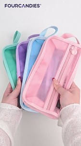Four Candies Grid Mesh Pencil Case with Handle and Zipper, Clear Double-layer Pencil Pouch Marker Pouch, Travel Makeup Bag, Cute Transparent Stationary Organizer Pen Bag for Adult Office College