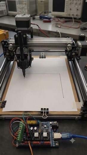 Mini CNC plotter draws a circuit trace on paper
