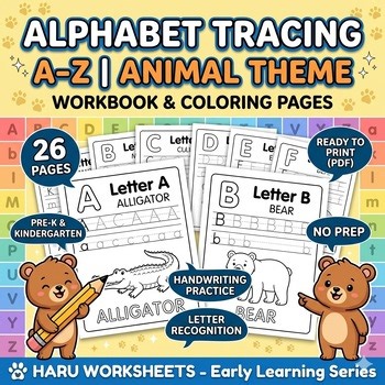Alphabet Tracing A-Z |*Animal Coloring Pages*|*Letter Recognition*| **No Prep**