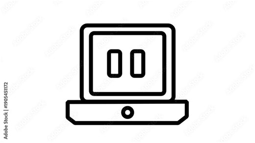 Laptop Computer With a Pause Motion Icon. Laptop computer icon with a pause symbol on screen for online streaming or remote work.