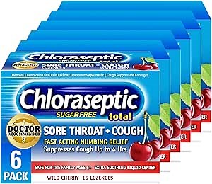 Chloraseptic Sugar-Free Total Sore Throat & Cough Lozenges, Wild Cherry, Cough Drops with Liquid Center to Numb Sore Throat for Up to 4 Hours, 15 Count, Pack of 6