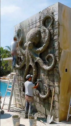 Sculpting a Massive Octopus Relief at a poolside wall | #shorts