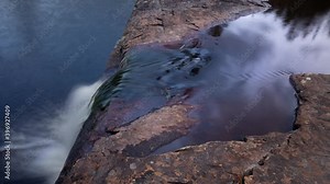Small waterfall and reflection of clouds in the water. Time lapse