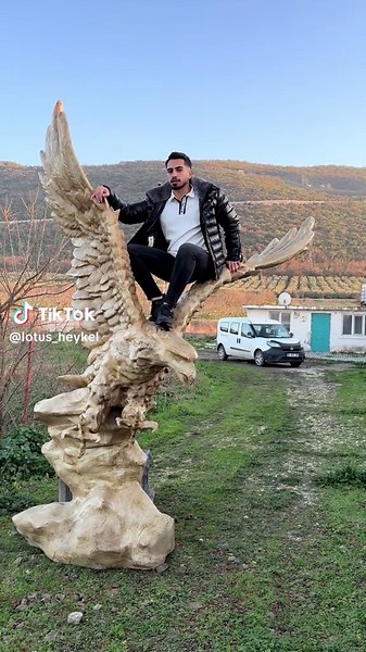 Realistic Eagle Sculpture Interaction in Rural Setting