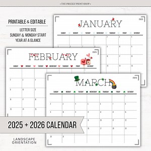 2025 2026 Calendar | Printable Editable Calendar | 2025 Calendar | 2026 Calendar | Monthly Calendar | Kids Calendar | Digital Download - Etsy