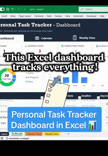 I built this interactive Excel Dashboard that tracks & visualize all tasks in one place📊 Used Charts, KPIs and Calendars to help stay organized! #excel #exceltips #exceldashboard #spreadsheet #productivitytools