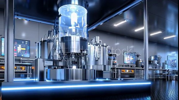 realistic pharmaceutical manufacturing cleanroom, compliant with GMP standards; stainless steel reactors, sealed production equipment, clean benches, automated filling or inspection machines; blue