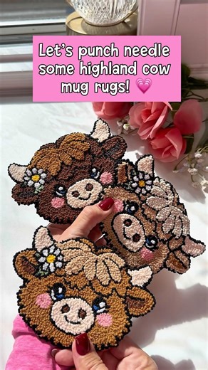Punch Needle Highland Cow Mug Rug Coasters Tutorial! 🐮💗🐮💗#punchneedle #mugrugs #beginnersstitch