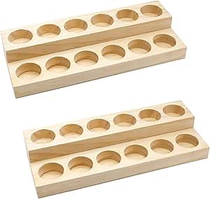 2 Pack 2-Tier Slanted Wooden Essential Oil Organizer - Perfume/Nail Polish Display Stand, Sturdy Space-Saving Countertop Rack for Small Cosmetics & Clear View