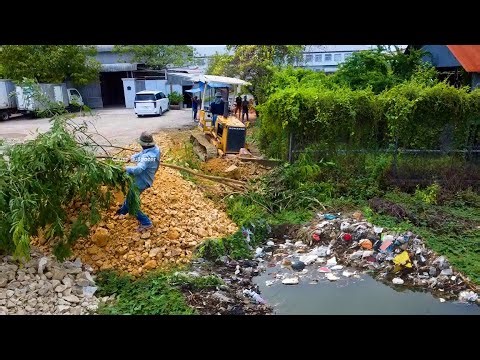 Start New Road Repair Complete 100% by Small Dozer Pour Stone Delete Pit Forest with dump truck