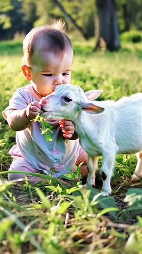 Adorable Baby and Goat Playtime in Greenery
