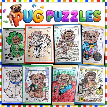 Math Addition Worksheets Cut, Paste & Coloring Puzzles Pug 1st, 2nd, 3rd