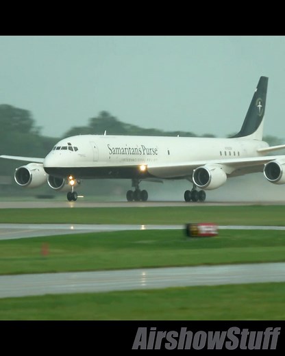 The things you do to see your last DC-8 departure! We knew rain was coming and we hoped it would hold off. But the skies didn't hold off, in fact it was the opposite. Torrential down pour right as the @samaritanspurse DC-8 was to taxi for departure. A few of us found shelter under wings or tents near the flight line, while others just toughed it out. Thankfully the rain was fast moving and eventually we got the 4 engined beauty leaving AirVenture with blue skies breaking through! @eaa #dc8 #doug