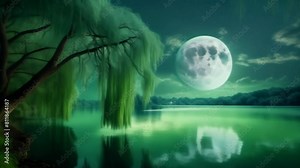 A serene lakeside scene at night, bathed in the ethereal glow of a full moon. A willow tree drapes its branches towards the water, its reflection mirroring the tranquility of the moonlit night.