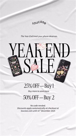 Loucase on Instagram: "YEAR END SALE is here! 🤍 25% off - Buy 1 50% off - Buy 2 The more you buy, the more you save! Not included collaboration collections No codes needed as it will reflect in the cart automatically ✨ Get together with your friends to enjoy this YES promo while ot lasts 🤍 Valid until 31st December 2025 at loucase.com"