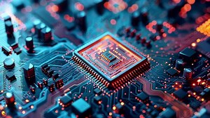 Computer processor is glowing red with activity as it processes data on a complex and intricate motherboard. The image evokes the power and complexity of modern computing