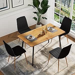 RGZ 53" Dining Table Set for 4, 5 Piece Rectangle Wooden Dining Table Set, Modern Dining Table and 4 Black Upholstered Dining Chairs with Wooden Legs for Dining Room, Living Room, Kitchen